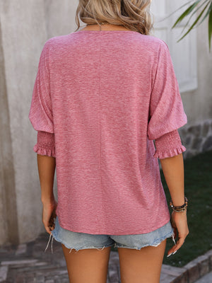 Dusty Pink blouse with shirred sleeve detail and keyhole neckline, casual fit.