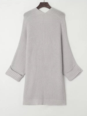 Light gray acrylic knit cardigan with open front, ribbed texture, and cuffed sleeves.