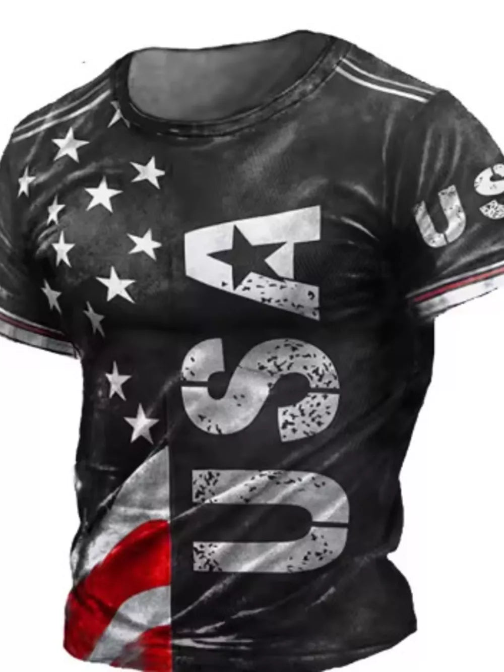 Men's black crew neck t-shirt with distressed USA flag print and stars.