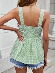 Light green gingham peplum tank top with smocked bodice and square neckline.