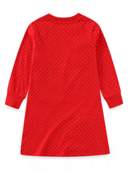 Red long-sleeve baby dress with white polka dots and ribbed cuffs.