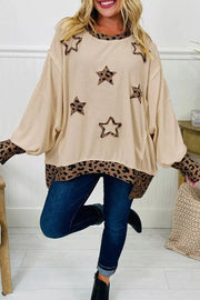 Contrast Leopard Star Patchwork Sweatshirt in Khaki, close-up detail