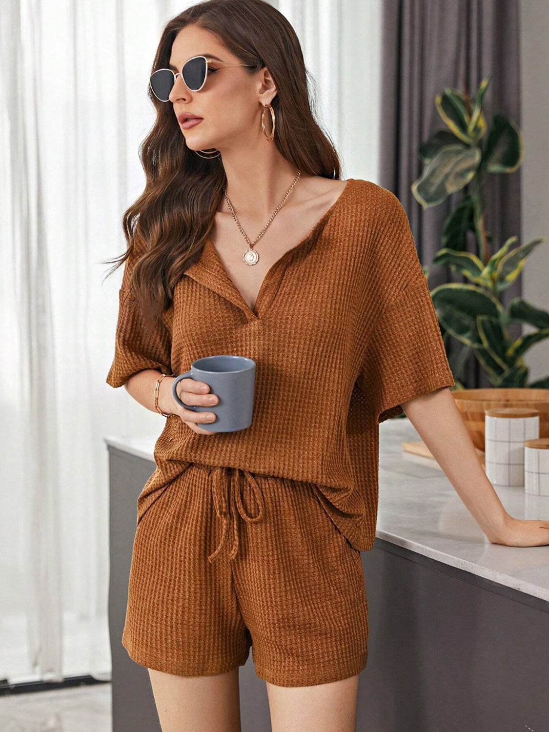 Caramel waffle knit henley short set with drawstring shorts and v-neck top.