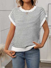 White and black striped knit shell top with short sleeves and crew neck.