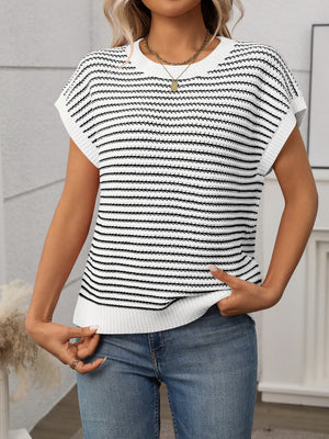 White and black striped knit shell top with short sleeves and crew neck.
