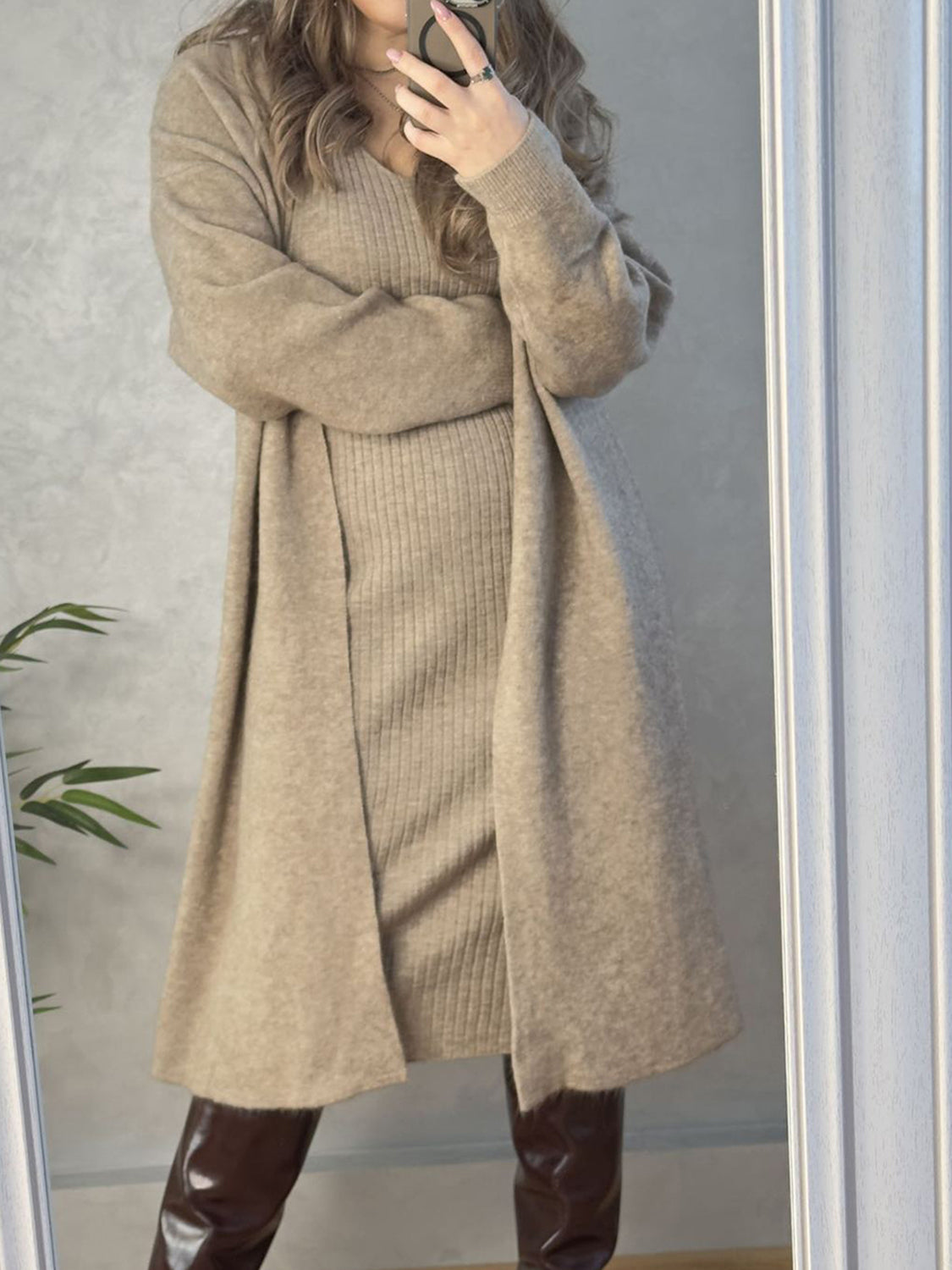 Ribbed knit midi dress and duster set in a light beige acrylic blend, v-neck dress with long sleeve open duster.