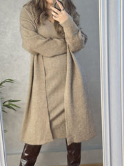 Ribbed knit midi dress and duster set in a light beige acrylic blend, v-neck dress with long sleeve open duster.