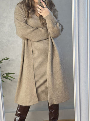 Ribbed knit midi dress and duster set in a light beige acrylic blend, v-neck dress with long sleeve open duster.