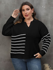 Black knit sweater with collar detail, featuring white block stripes on the left chest and sleeves.