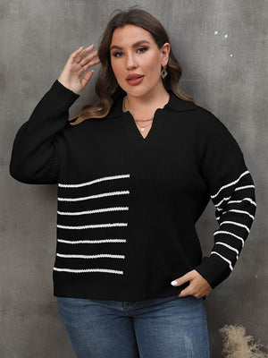 Black knit sweater with collar detail, featuring white block stripes on the left chest and sleeves.