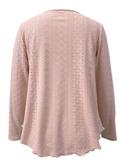 Dusty Pink eyelet blouse with scalloped hem and long sleeves.