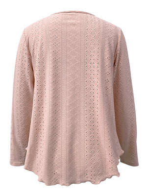 Dusty Pink eyelet blouse with scalloped hem and long sleeves.