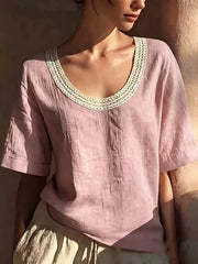 Lace-trimmed Short Sleeve Relaxed Blouse