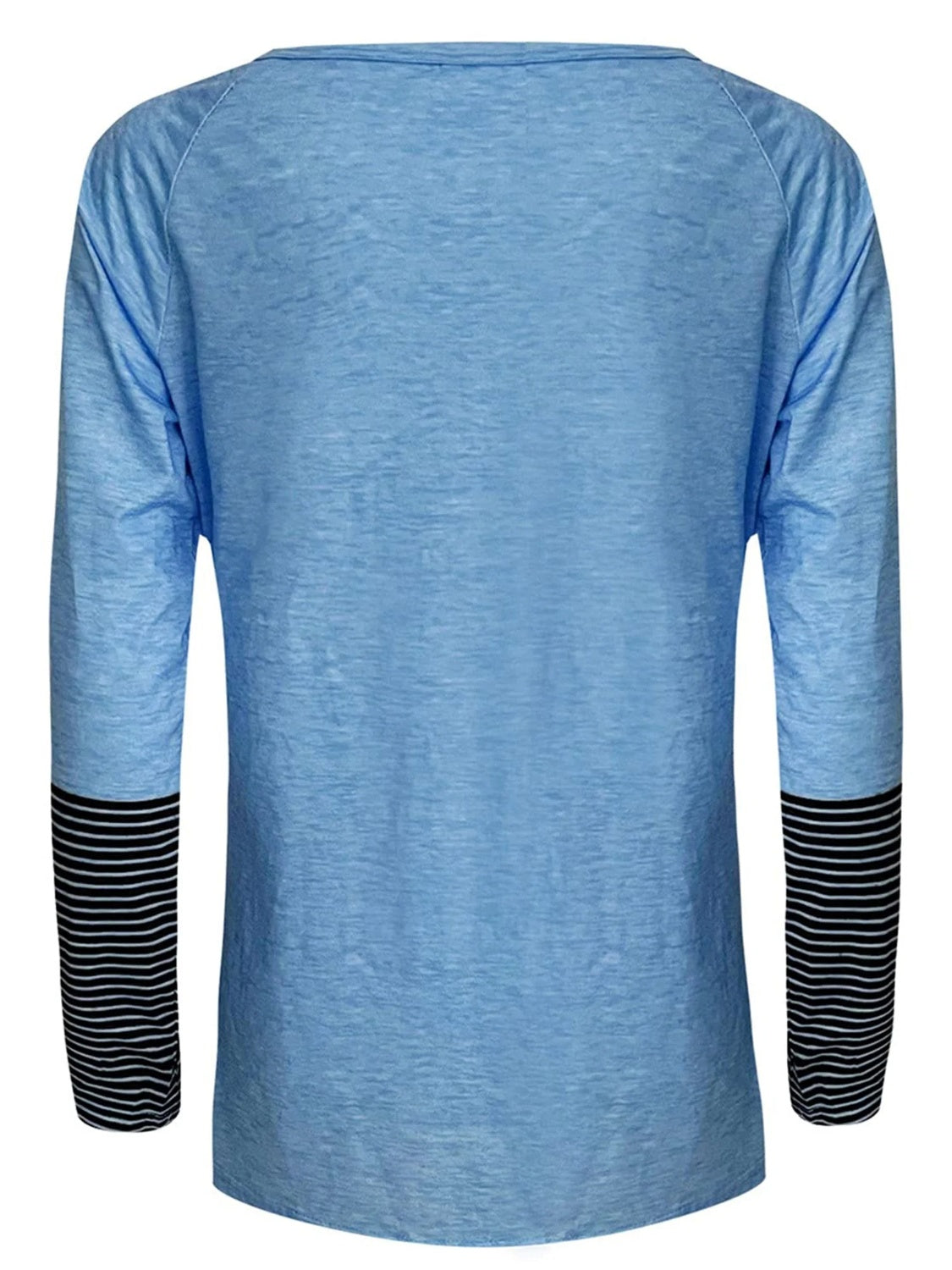 Light blue raglan long sleeve tee with striped cuffs