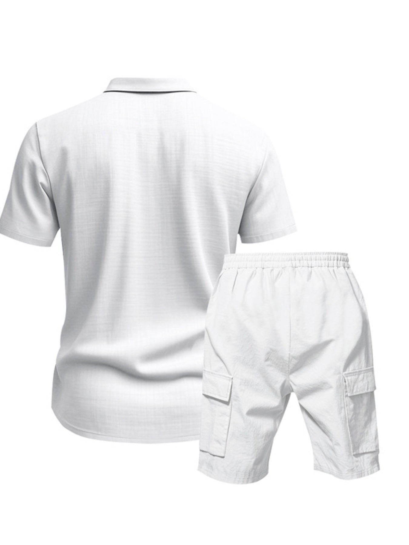 White relaxed-fit button-up shirt and drawstring cargo shorts set