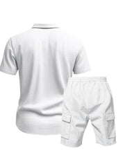 White relaxed-fit button-up shirt and drawstring cargo shorts set