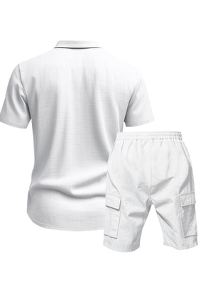 White relaxed-fit button-up shirt and drawstring cargo shorts set