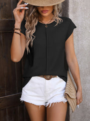 Black knit cap sleeve top with center seam detail, casual acrylic sweater