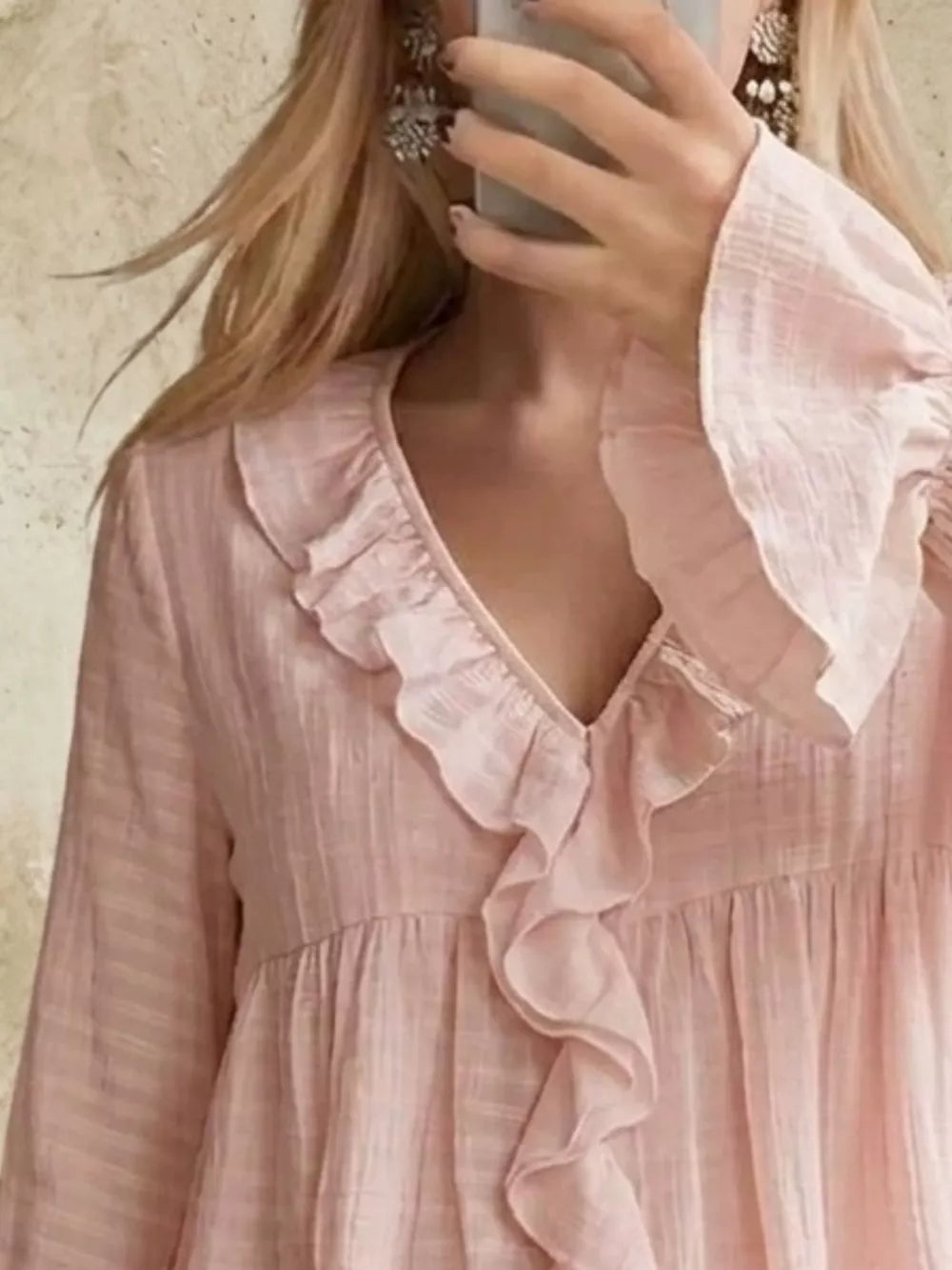 Ruffled V-neck Flounce Sleeve Blouse in Off-white, model styling view