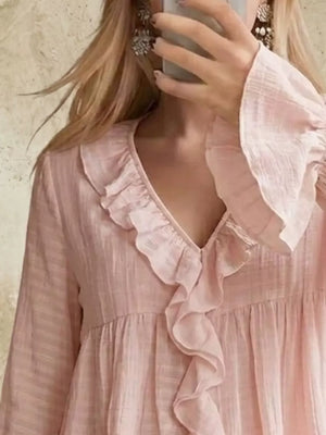 Ruffled V-neck Flounce Sleeve Blouse in Off-white, model styling view