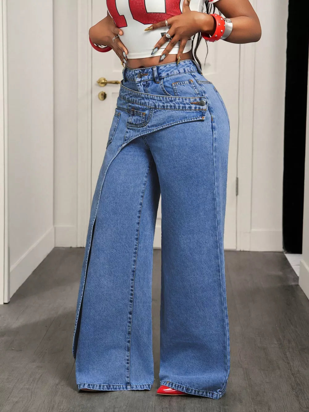 Asymmetrical High-waisted Wide-leg Jeans in Medium Blue, close-up detail
