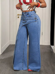 Asymmetrical High-waisted Wide-leg Jeans in Medium Blue, close-up detail