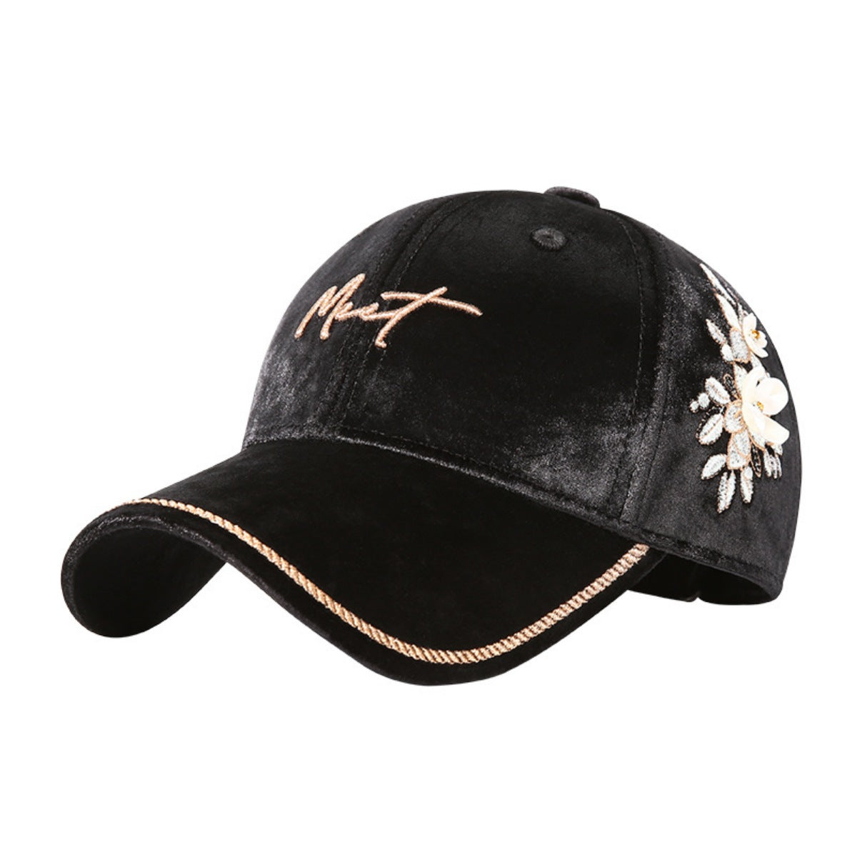 Black velvet baseball cap with embroidered floral detail and braided rope trim