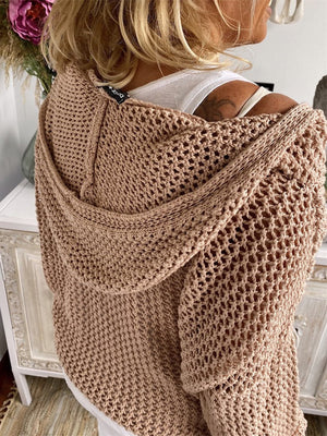 Tan open-knit slouchy hooded sweater with a relaxed fit.
