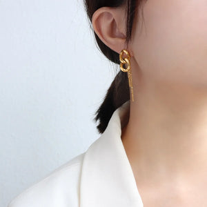 Gold linked chain drop earrings with a delicate chain tassel detail.