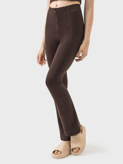 Sculpted flare active trousers in chocolate brown with a zip front and seam detail.