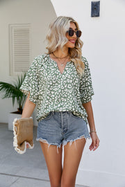 Army green leopard print v-neck blouse with short sleeves
