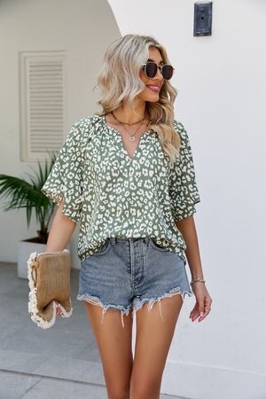 Army green leopard print v-neck blouse with short sleeves