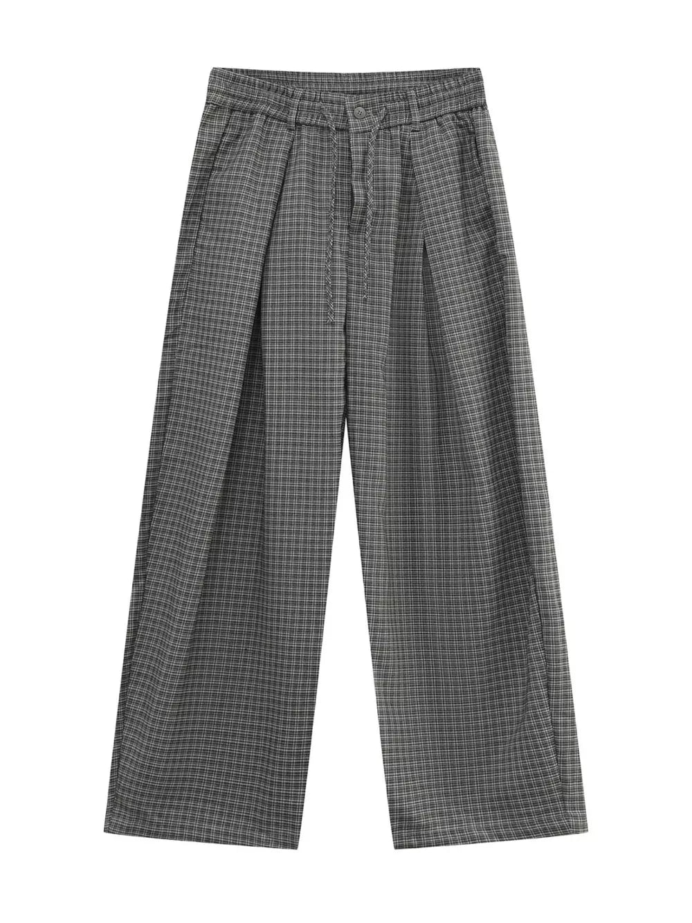 Plaid wide-leg relaxed fit pants in grey with adjustable drawstring waist.