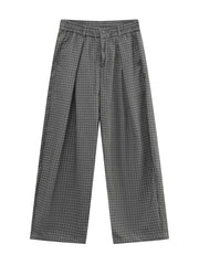 Plaid wide-leg relaxed fit pants in grey with adjustable drawstring waist.