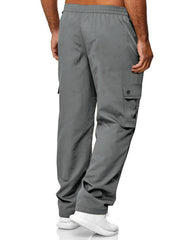 Gray cargo pants with adjustable waist and button-flap cargo pocket.