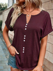 Buttoned v-neck short sleeve t-shirt in dark red with decorative buttons.