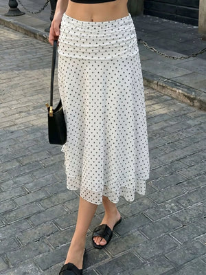 Polka Dot Ruched Waist Midi Skirt in White, front view