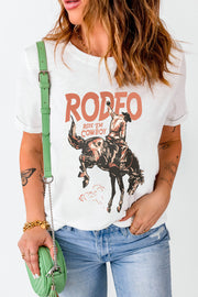 White graphic t-shirt with rodeo cowboy print and text.
