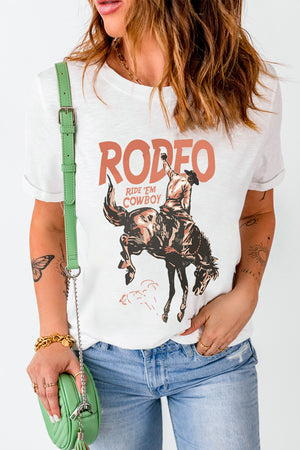 White graphic t-shirt with rodeo cowboy print and text.