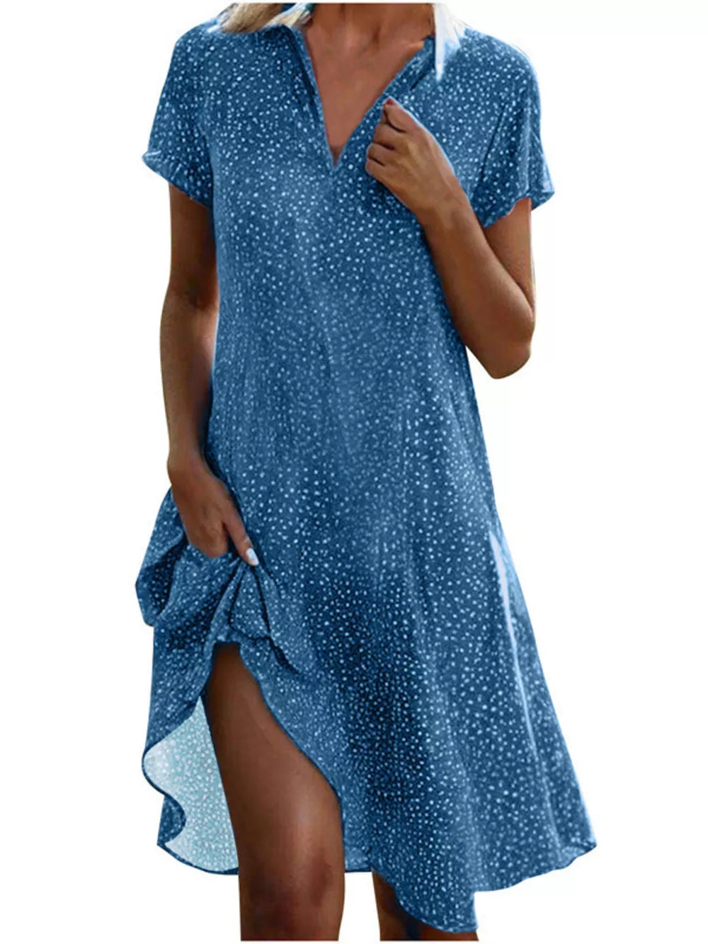 Full Size Polka Dot Short Sleeve Casual Dress in Dark Brown, fit detail