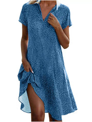 Full Size Polka Dot Short Sleeve Casual Dress in Dark Brown, fit detail