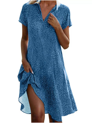 Full Size Polka Dot Short Sleeve Casual Dress in Dark Brown, fit detail
