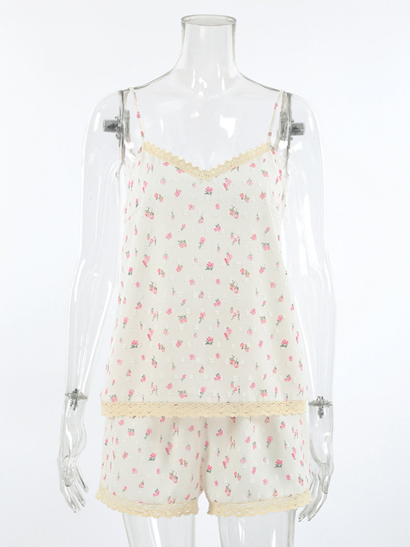 Floral lace trim cami and shorts set with adjustable straps and delicate pink floral pattern.