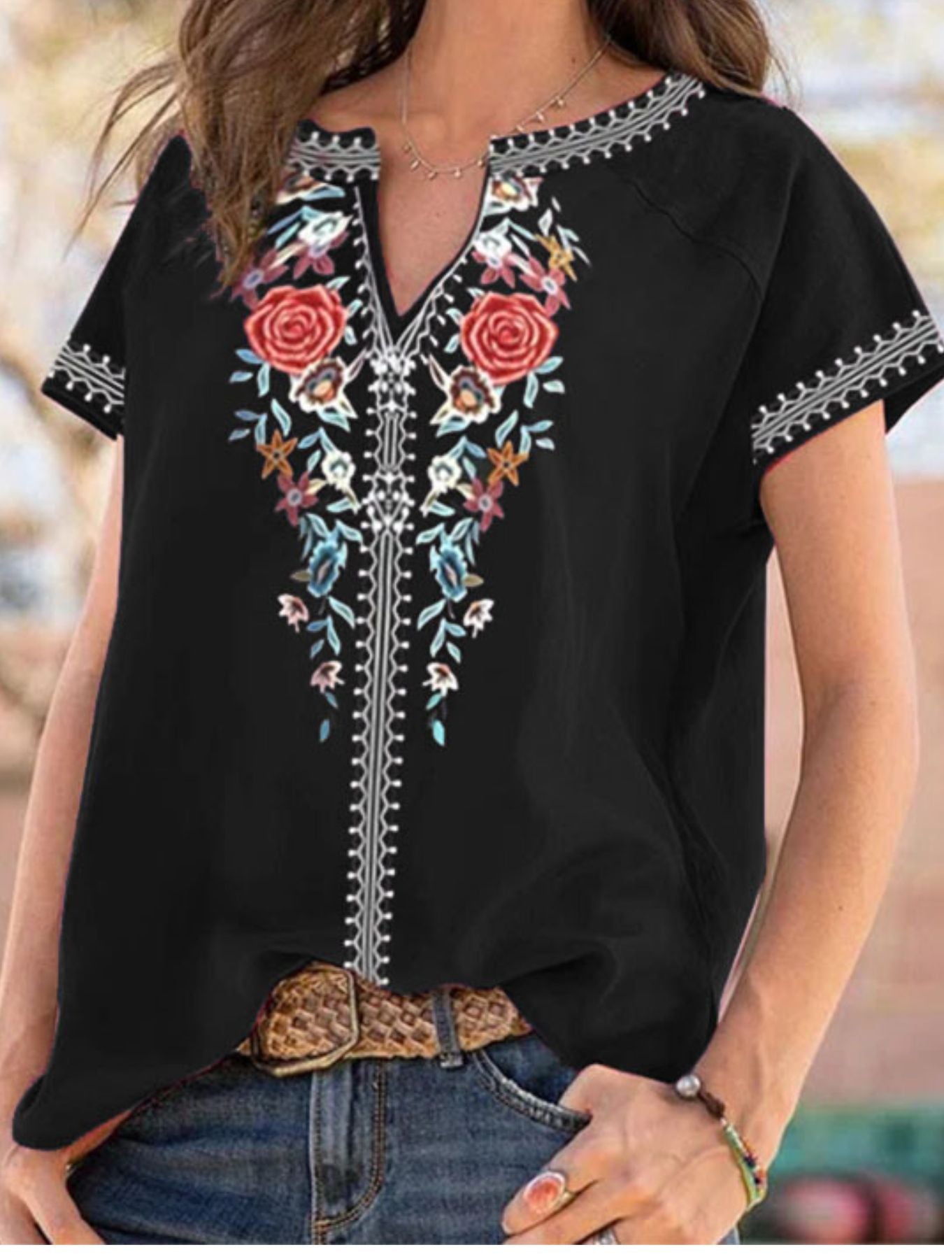 Black floral embroidered notched blouse with short sleeves