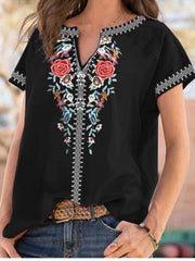 Black floral embroidered notched blouse with short sleeves