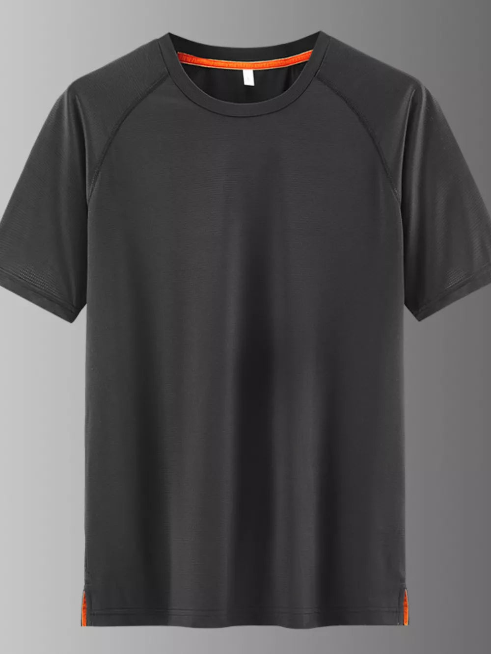 Men's grey quick-dry active t-shirt with round neck and orange trim.