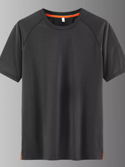 Men's grey quick-dry active t-shirt with round neck and orange trim.