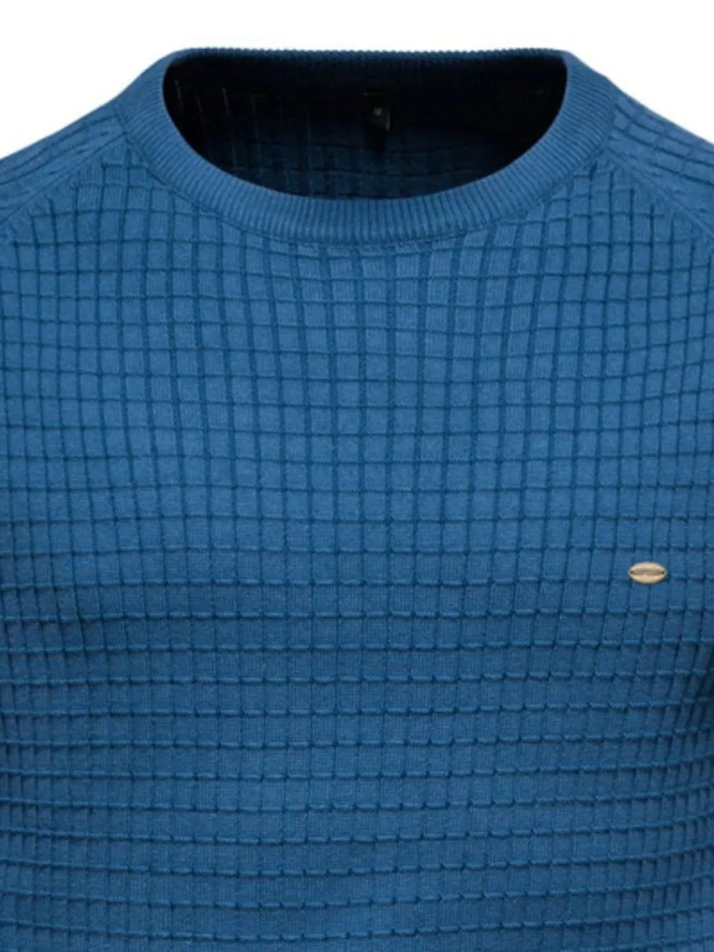 Peacock blue crewneck sweater with textured grid pattern and small oval logo detail.