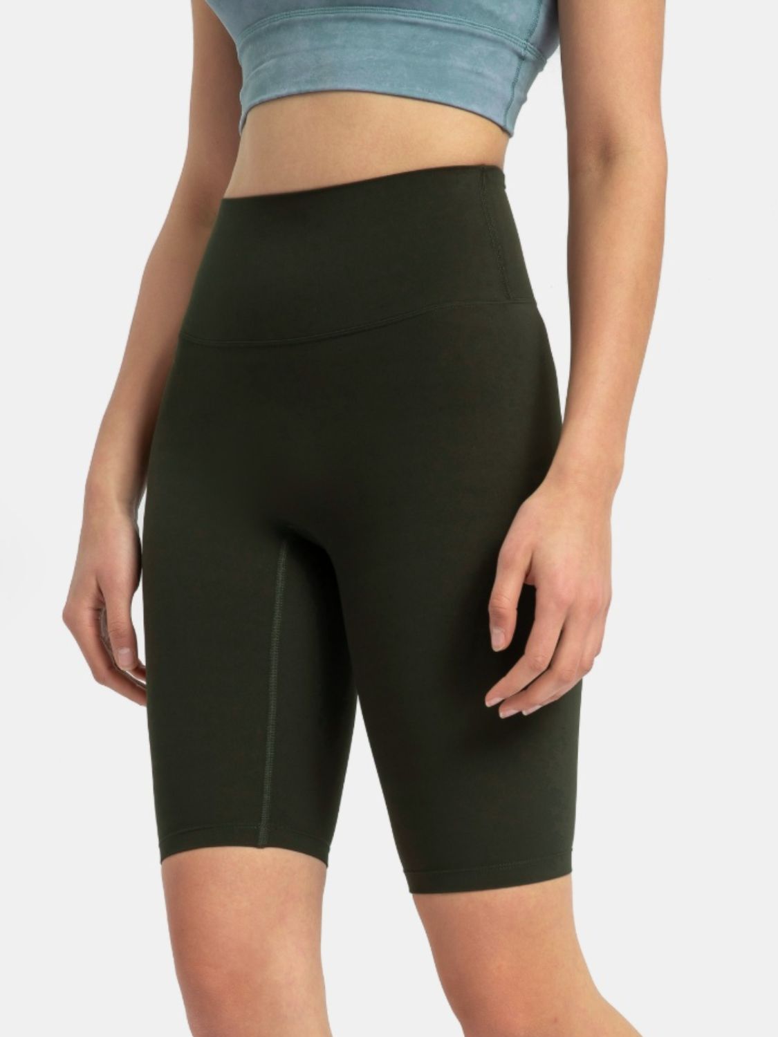 Sculpted Contour Active Cycling Shorts in Vintage Green with a high waist and seamless sides.
