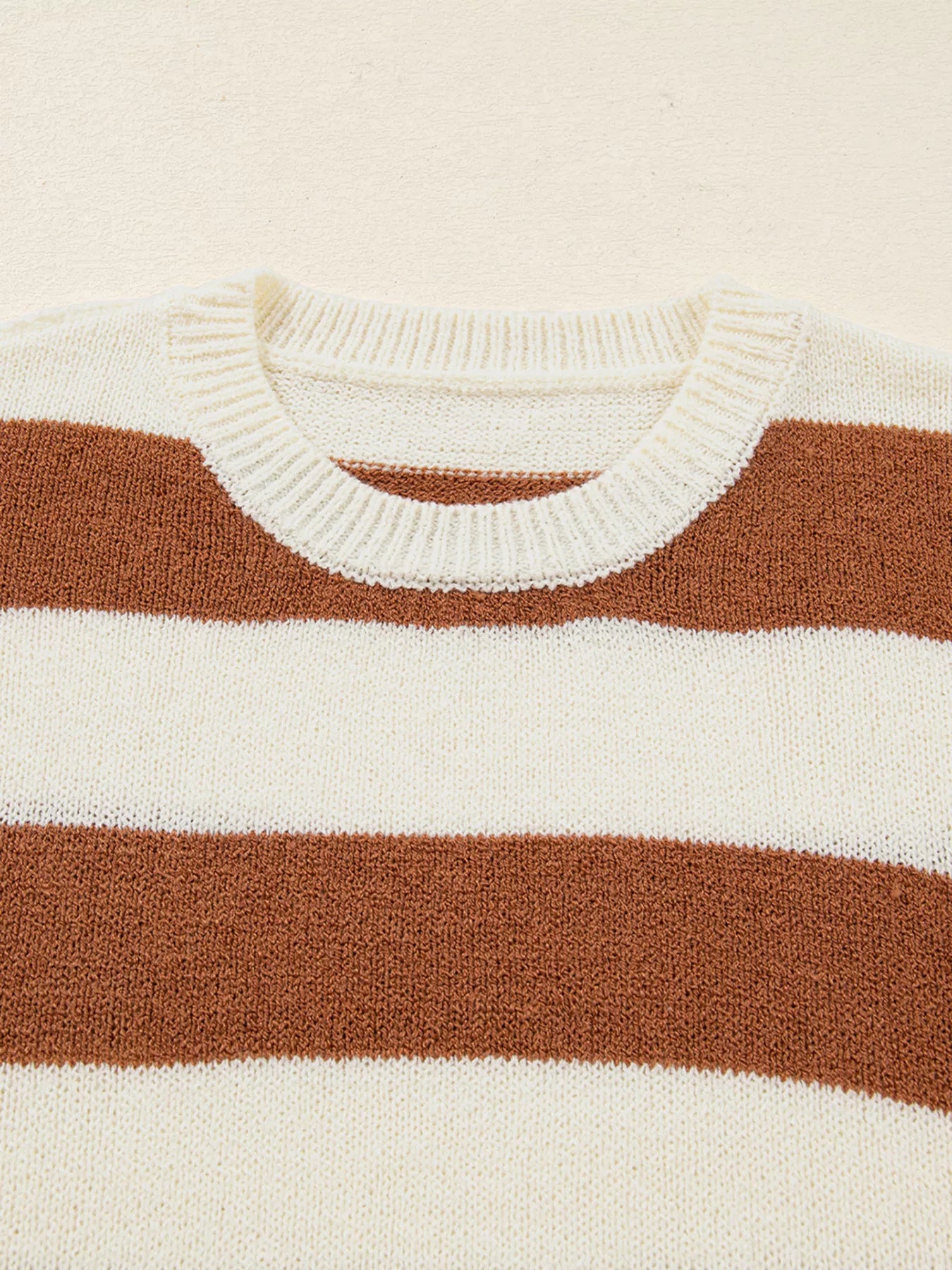 Patchwork drop shoulder sweater in caramel and cream stripes, acrylic fabric, crew neck.